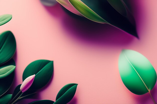 Pink and green leaves on a pink background