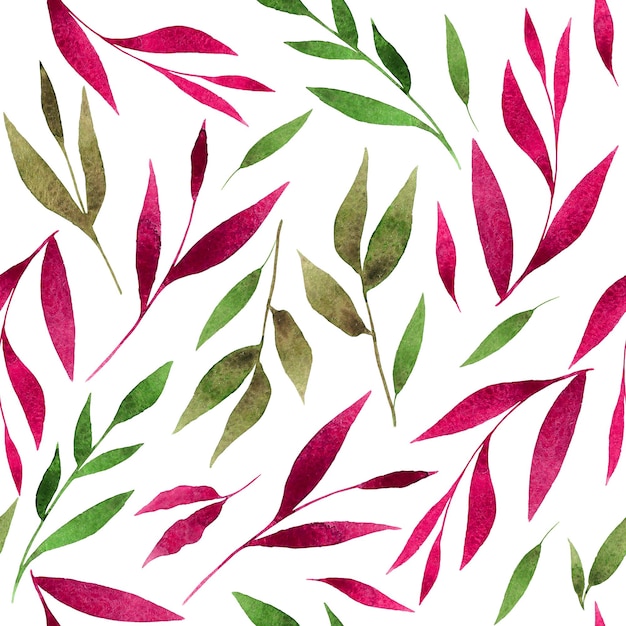 Pink green leaves seamless pattern Watercolor botanical repeat print on white Floral ornament