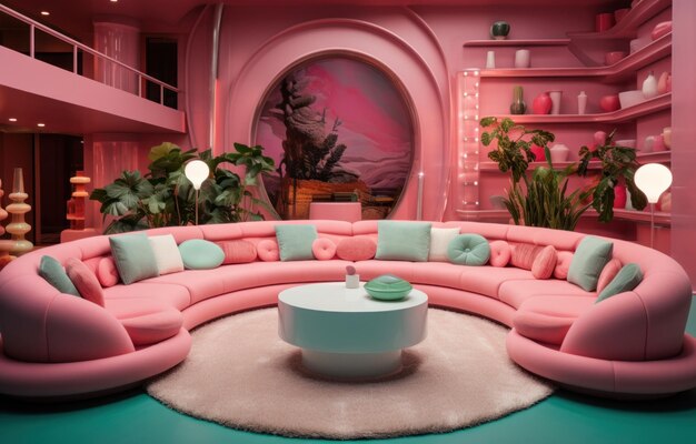 Photo a pink and green living room has a round area