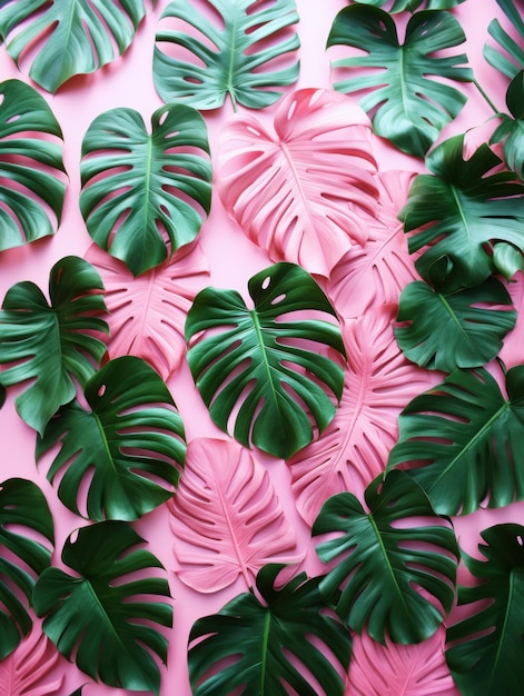 Pink and green monstera leaves pattern flat lay Pastel summer background AI generated image