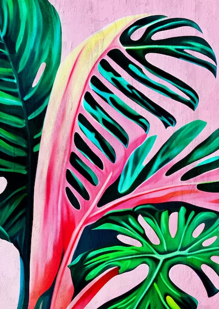 Foto illustrazione della pianta tropicale monstera rosa e verde stampa artistica per gli amanti della natura