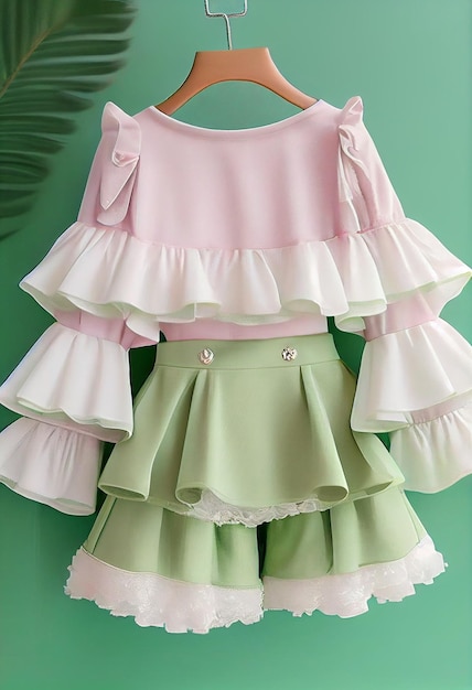 A pink and green outfit with a white button at the bottom.