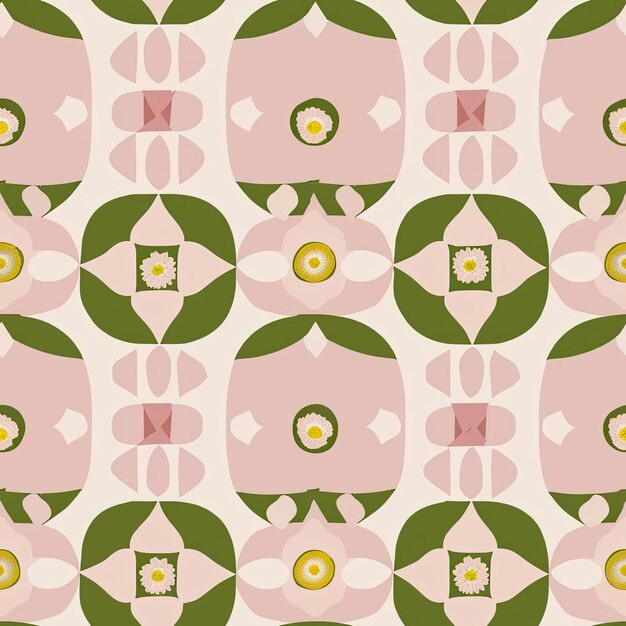 a pink and green pattern with a yellow circle and a yellow circle