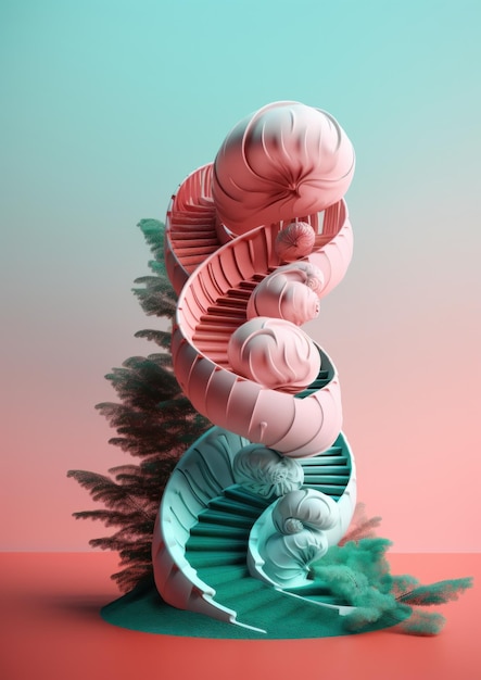 A pink and green spiral staircase next to a tree Generative AI image