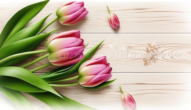 Pink and green tulips on a wooden table with a crown of flowers