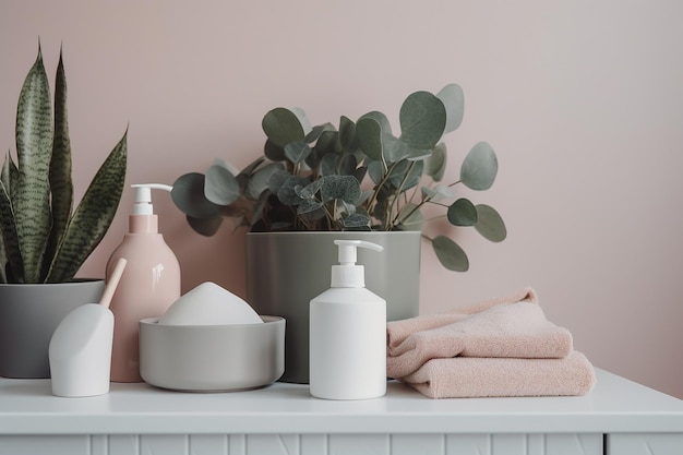 흰색 병과 식물이 있는 분홍색과 녹색 벽