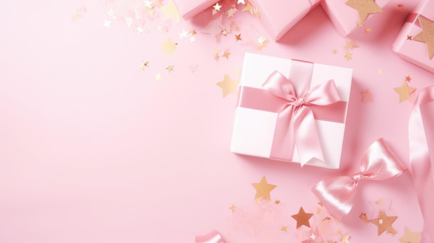 写真 プレゼントボックスと装飾のピンクのグリーティングカードモックアップ フラットレイトップビュー