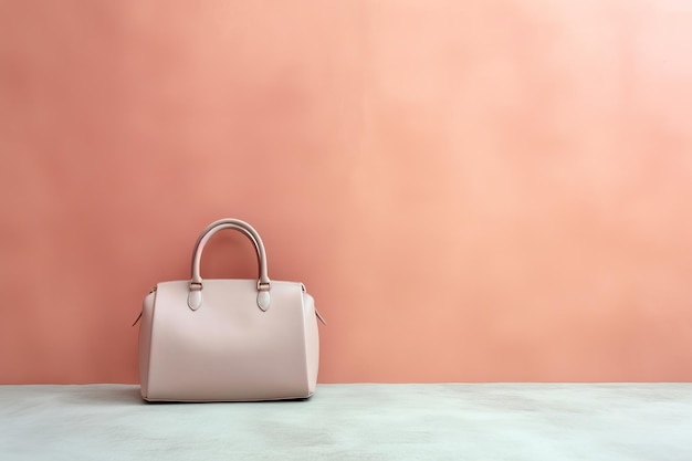 A pink and grey handbag sits on a floor next to a wall.