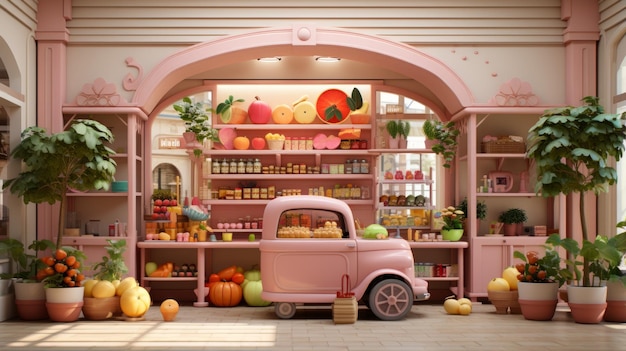 A pink grocery store with a pink truck parked inside