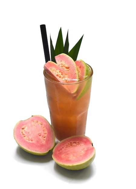 Pink guava ice tea on white background close up