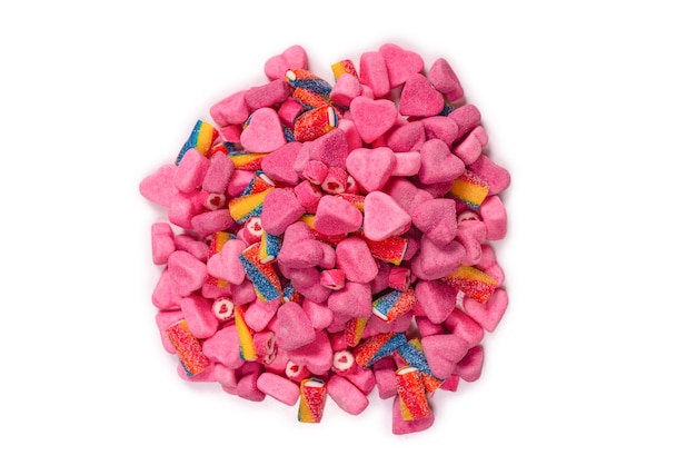 Pink gummy candies. Top view. Jelly  sweets. Isolated on a white background.