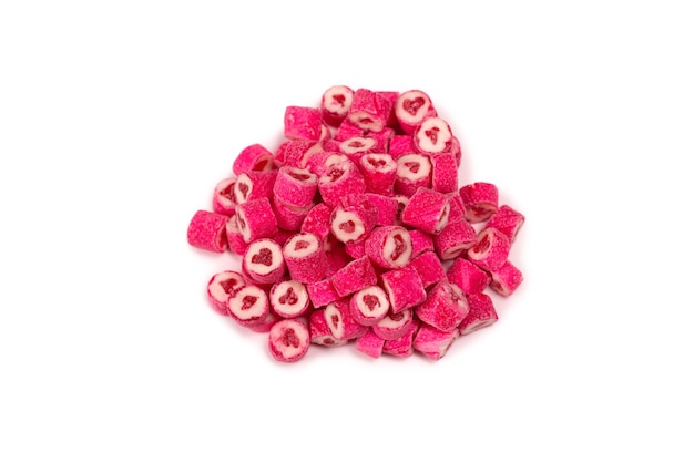 Pink gummy candies. Top view. Jelly  sweets. Isolated on a white background.