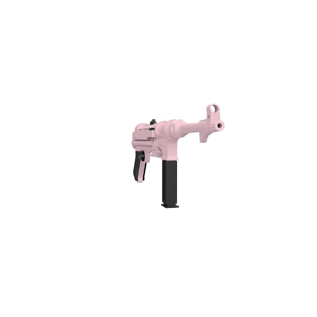 A pink gun with a black handle and a white background.