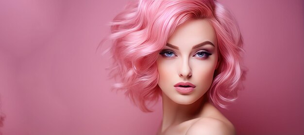 Pink hair beautiful model for advertisement Copy space for text Generative Ai