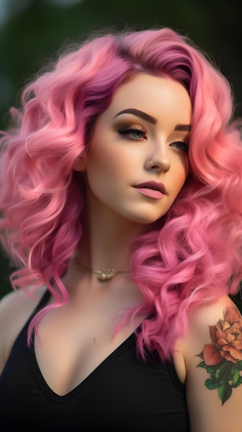 Pink hair in a black dress