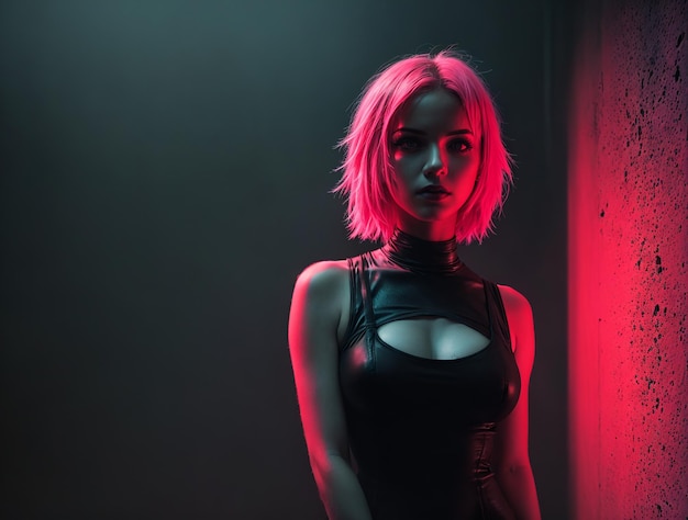 Foto ragazza dai capelli rosa che indossa un vestito nero in un ambiente industriale illuminato al neon