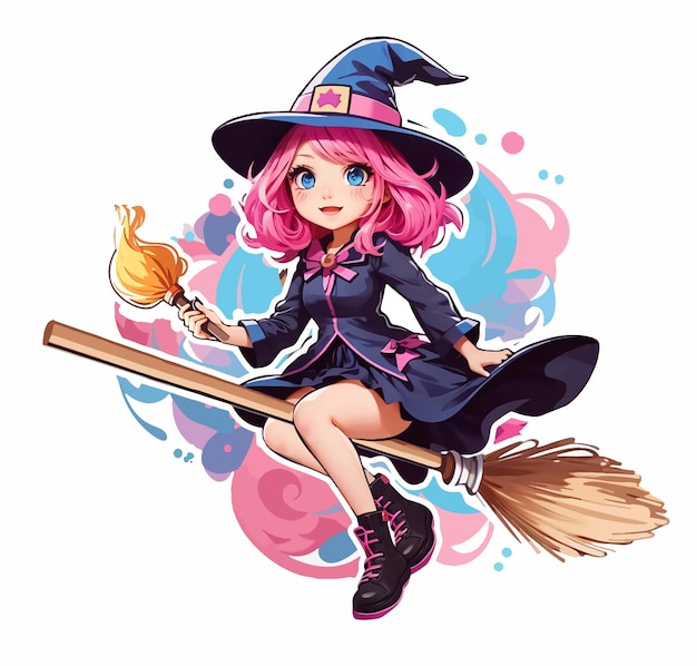 pink hair kawaii witch illustration