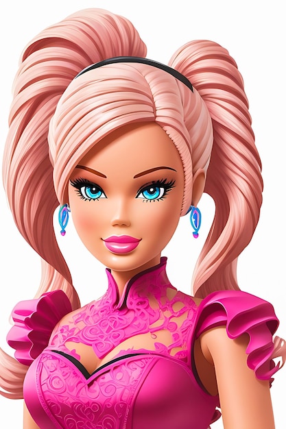 Pink hair and pink outfit barbie on white background generative AI