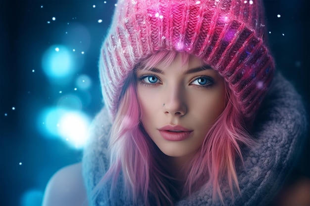 Pink hair young woman portrait in winter hat