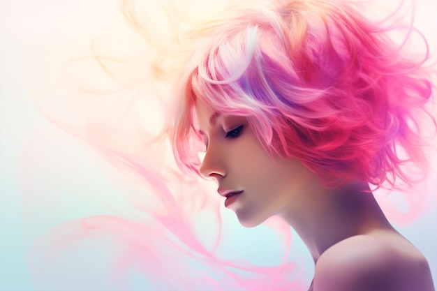 Pink hair young woman portrait with digital holografic effect