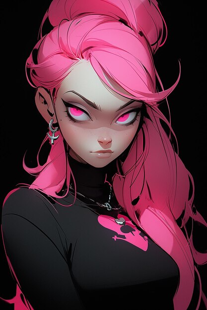 pink haired girl in black and white in the style of bold mangainspired characters digital neon