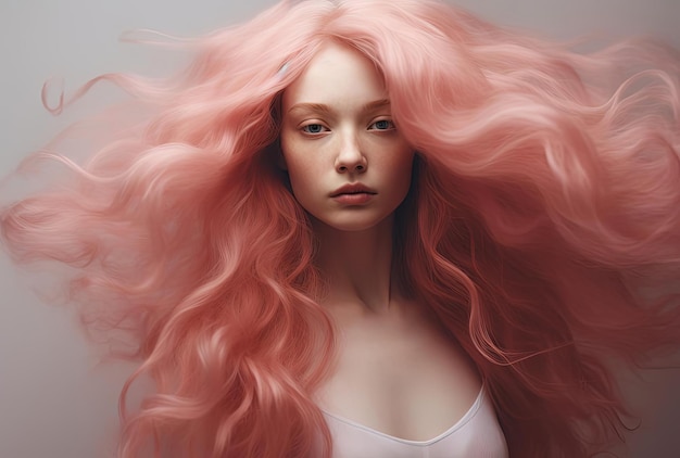 a pink haired girl with long hair and her face open in the style of photorealistic surrealism