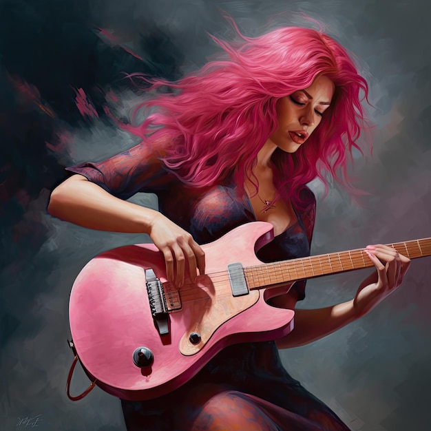 pink haired woman playing guitar ai generated