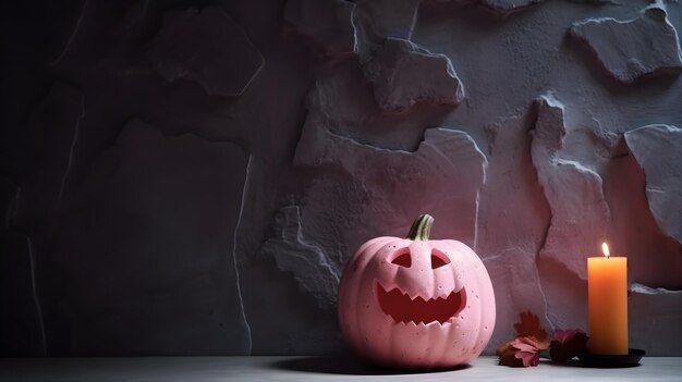 Foto lanterna rosa della zucca di halloween nella stanza di pietra concreta