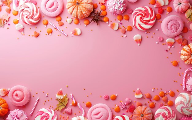 Photo pink halloweenthemed background arranged in a flatlayflatlay composition of pink halloween backdrop copy space generative ai