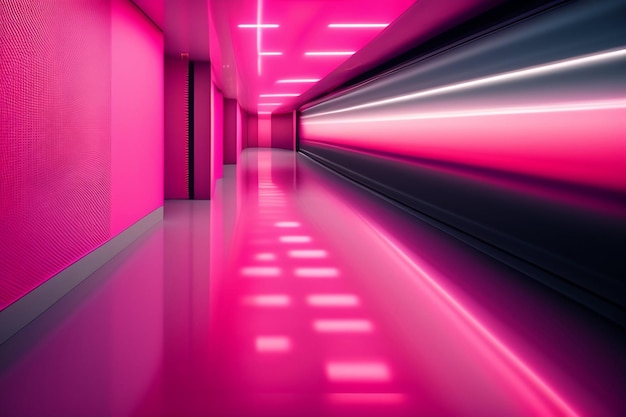 A pink hallway with a pink light on the wall