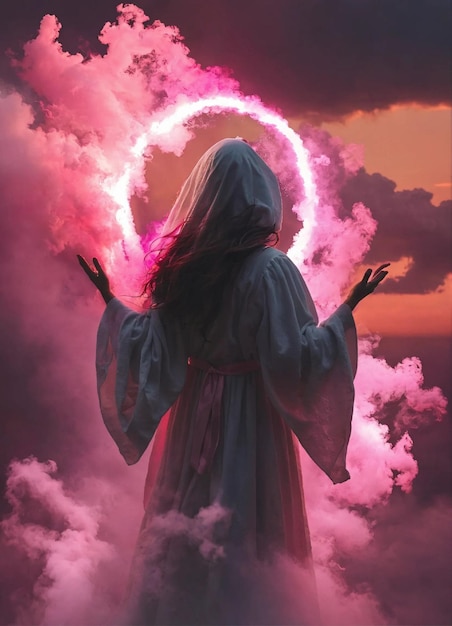 Pink halo white robe dissolving into pink smoke pink glow inside hood no face pink ribbons sprea