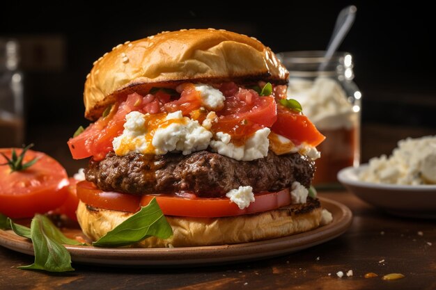 Pink hamburger a woman holding burger with beef patty tomato lettuce leaf sauce and olive