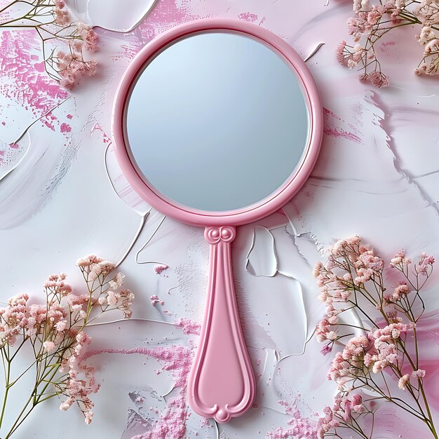 사진 대리석 배경에 분홍색 꽃을 가진 분홍색 손 거울 3d 렌더링