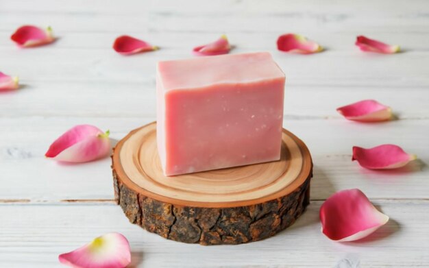 Pink handmade soap bar on a round light wooden platform Background with vibrant rose petals