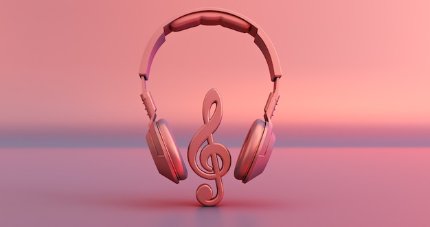 Pink headphone and music note on pink background. 3d render