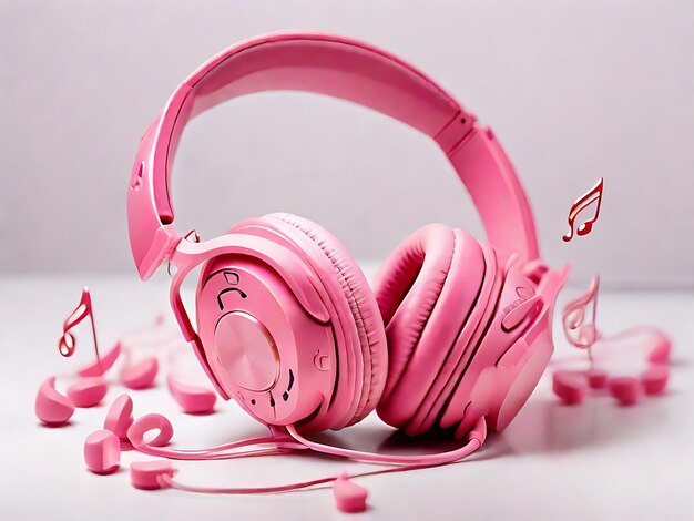 Photo a pink headphone with musical notes on white background