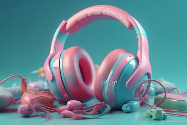 Pink headphones on a blue background Music concept