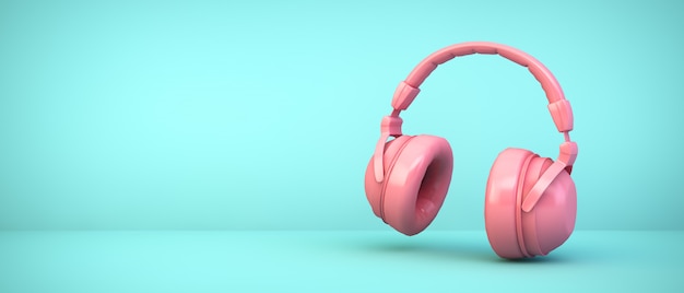 Pink headphones on blue room, 3D rendering