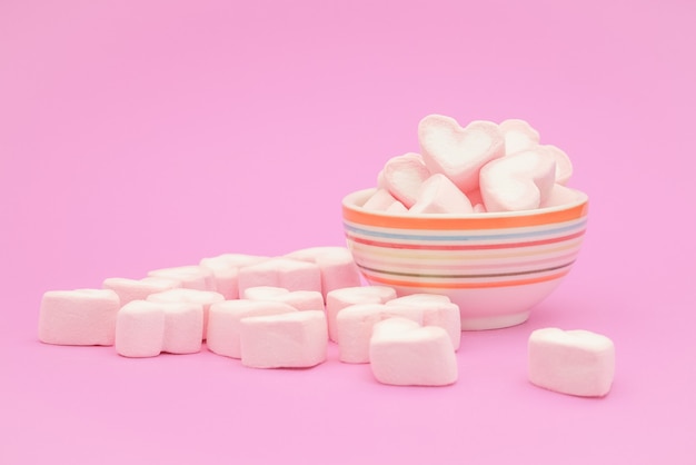 Pink hear marshmallow , Sweets hearts of marshmallow on pink background