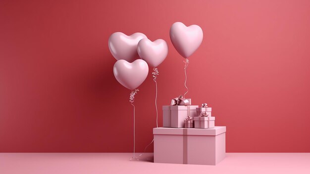 Pink heart balloon and presents on red background