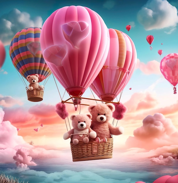 テディベアと空の 3 d イラストレーションにハートが付いたピンクのハートの風船