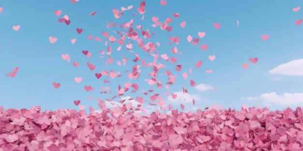 Pink heart confetti on blue sky background valentines day concept love banner