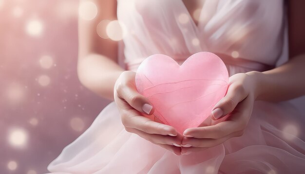 Pink heart in the hands of a woman world cancer day concept