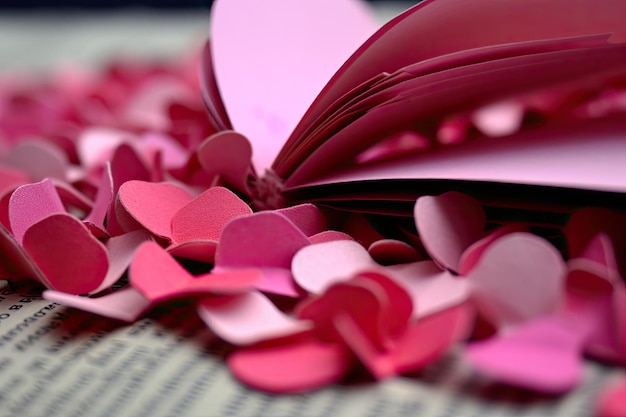 Photo a pink heart is laying on a table with many small hearts scattered around.