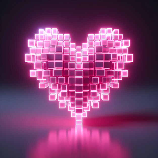 Pink heart made in the shape of small cubes in 3D