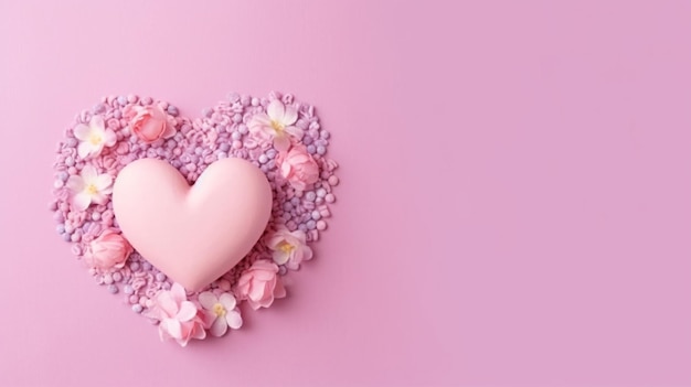 Pink heart on a pink background with flowers.