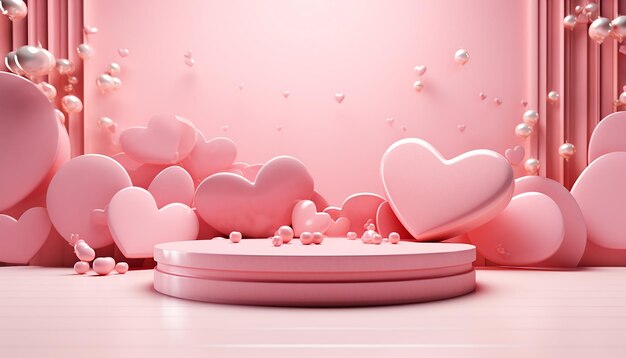 Pink heart pink podium in valentines background with decorations