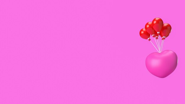 The pink heart and red balloon for valentine concept 3d rendering