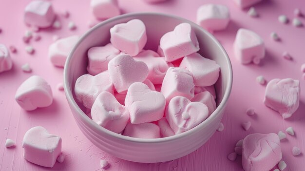 Pink heart shape marshmallow on pink background Copy space flat lay