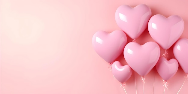 Pink Heart shaped balloons composition on a solid color background Love design